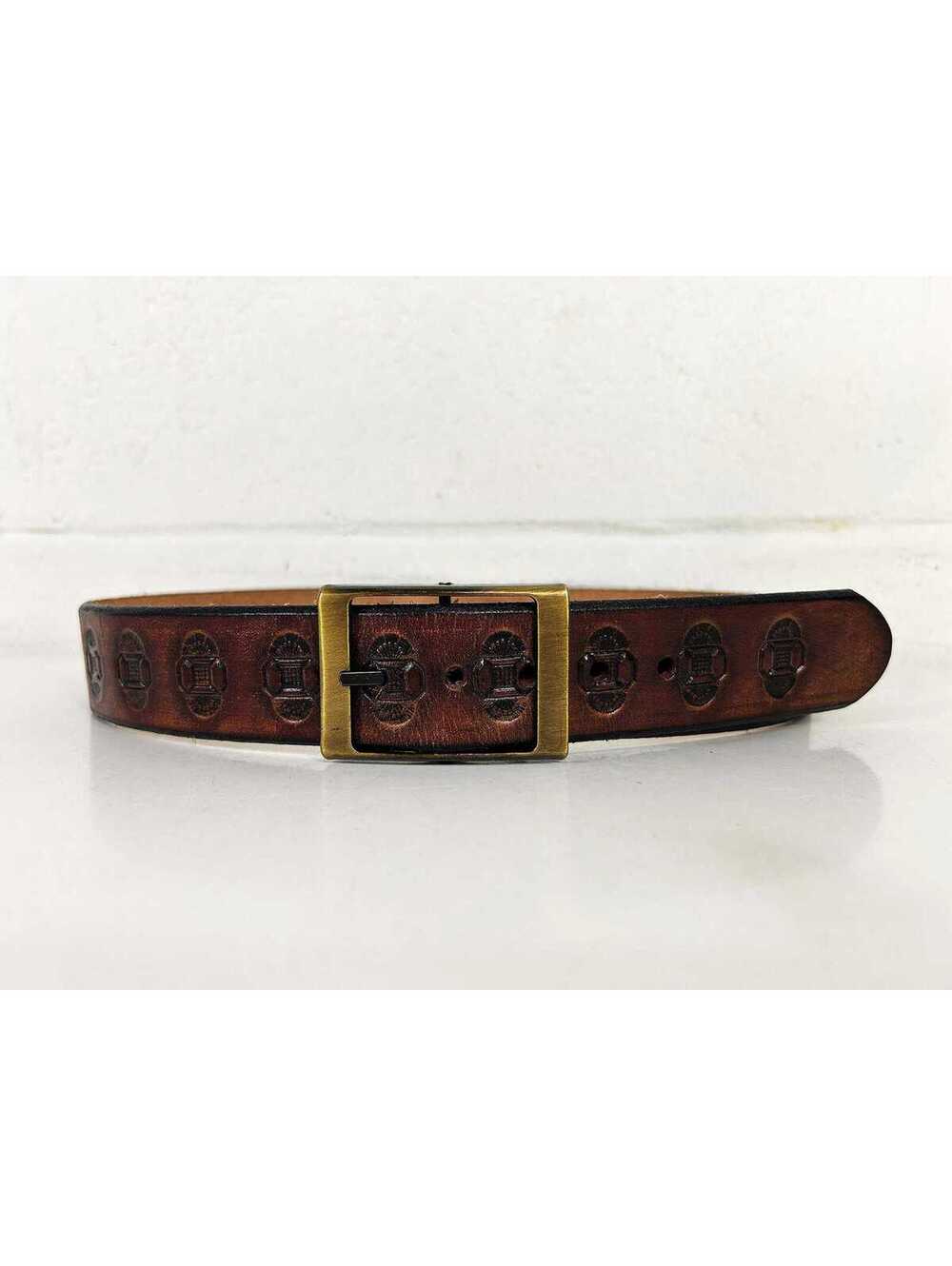 Vintage Stamped Leather Belt Western Embossed Brass Buckle Latitan 1970s
